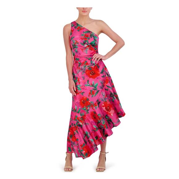 Eliza J Hot Pink Floral One Shoulder Ruffle Hi Lo A Line Dress Sz.10 NWT - Picture 1 of 16